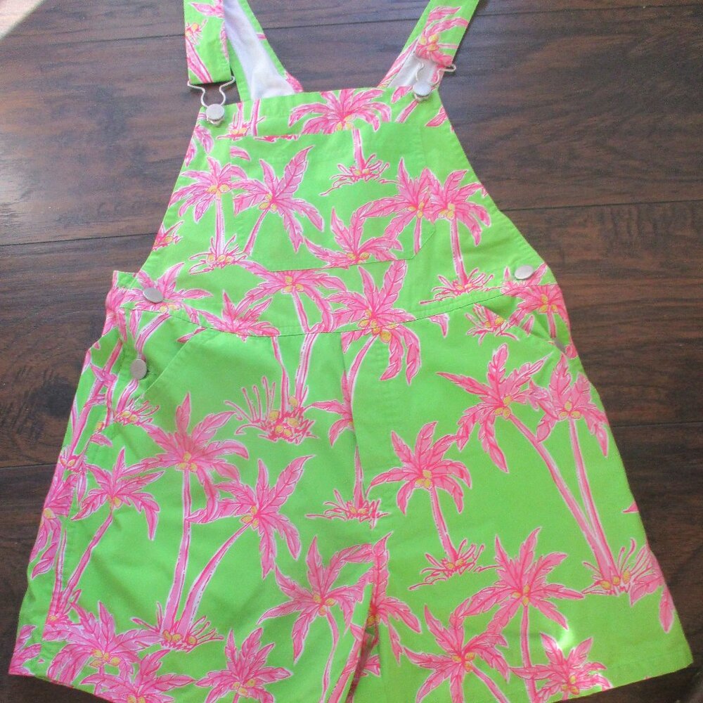 Vintage Lilly Pulitzer Pink & Green Palm Tree Cotton Overalls, Size 10